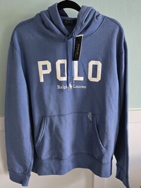 Polo by Ralph Lauren Blue Logo Hoodie Medium Unisex Pullover NWT Front Pocket